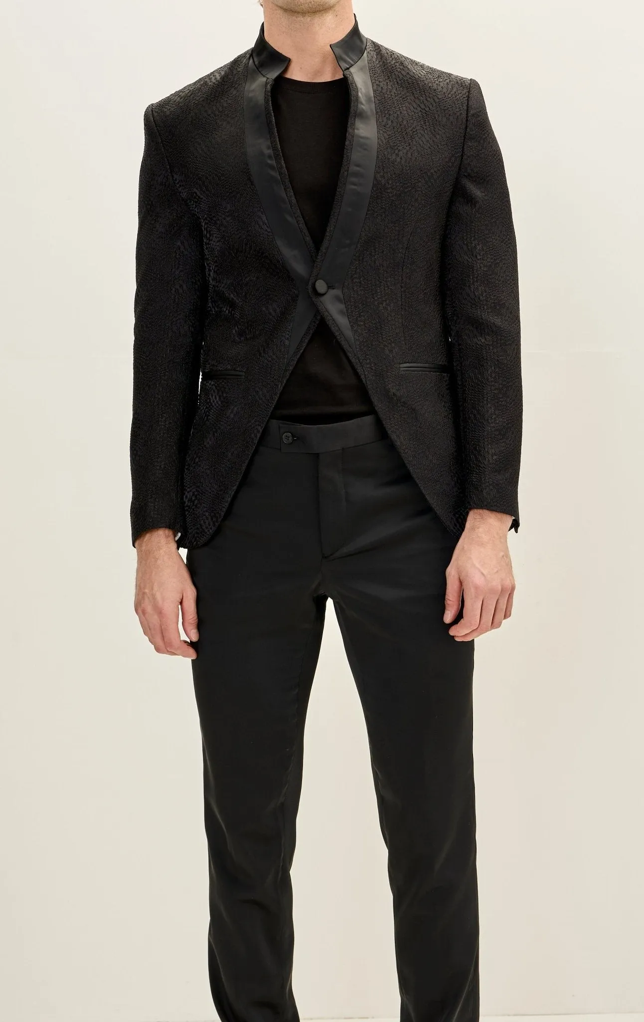 Embellished Satin Mandarin Collar Tuxedo Jacket - Black